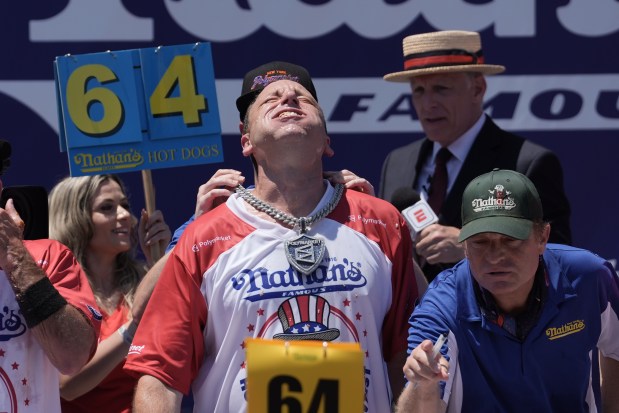 Joey Chestnut wins the 2026 Nathan's Famous Fourth of July hot dog eating contest at Coney Island in Brooklyn on Saturday, July 4, 2026. (AP Photo/Anna Connors)