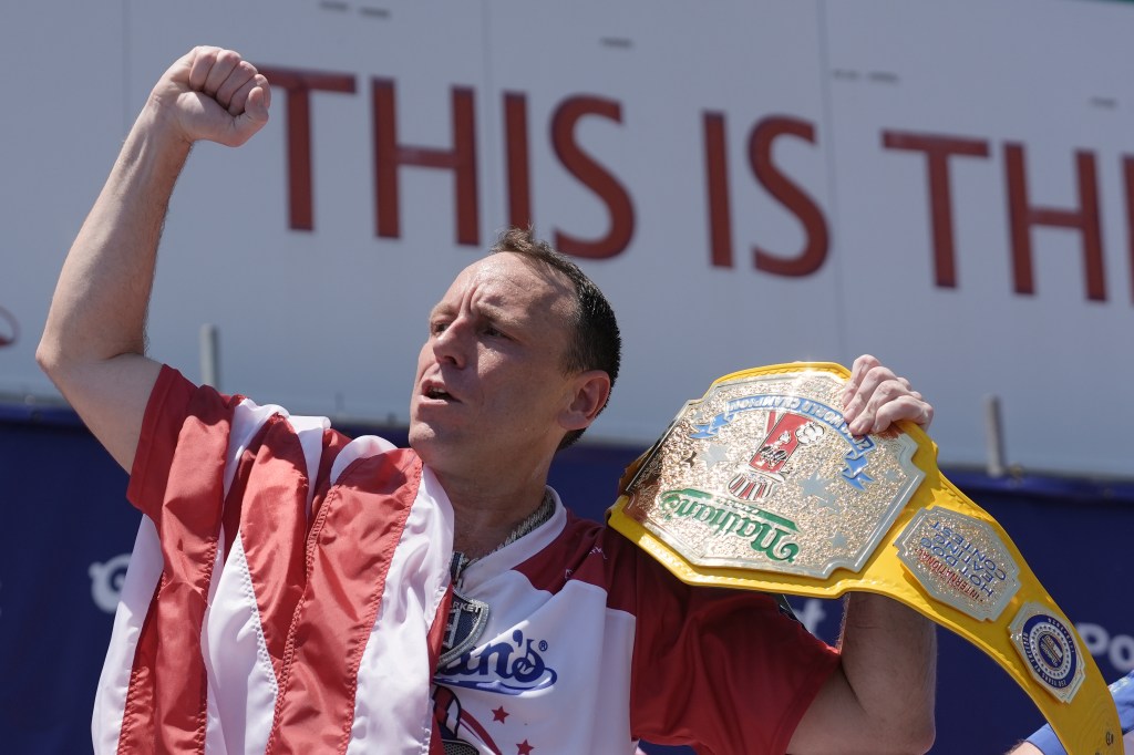 Joey Chestnut chows down on record 18th win at Nathan's Hot Dog Eating Contest in Coney Island