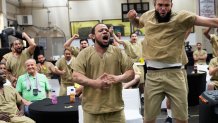 Rikers Island inmates watch the World Cup semifinal soccer match between England and Argentina, at the jail complex in New York, Wednesday, July 15, 2026. 