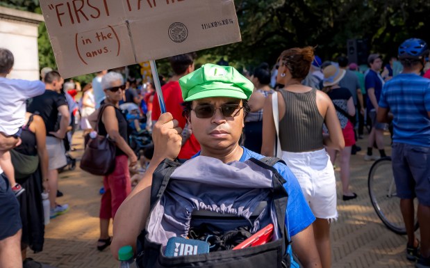 Andrew​ Arrabaca, the man who allegedly set off an incendiary device outside 26 Federal Plaza on July 20, 2026, is seen here protesting during a "Families Stand with Gaza" action in Grand Army Plaza on Aug. 3, 2025 in Brooklyn, New York. (Photo by Michael Nigro/Sipa USA via AP Images)