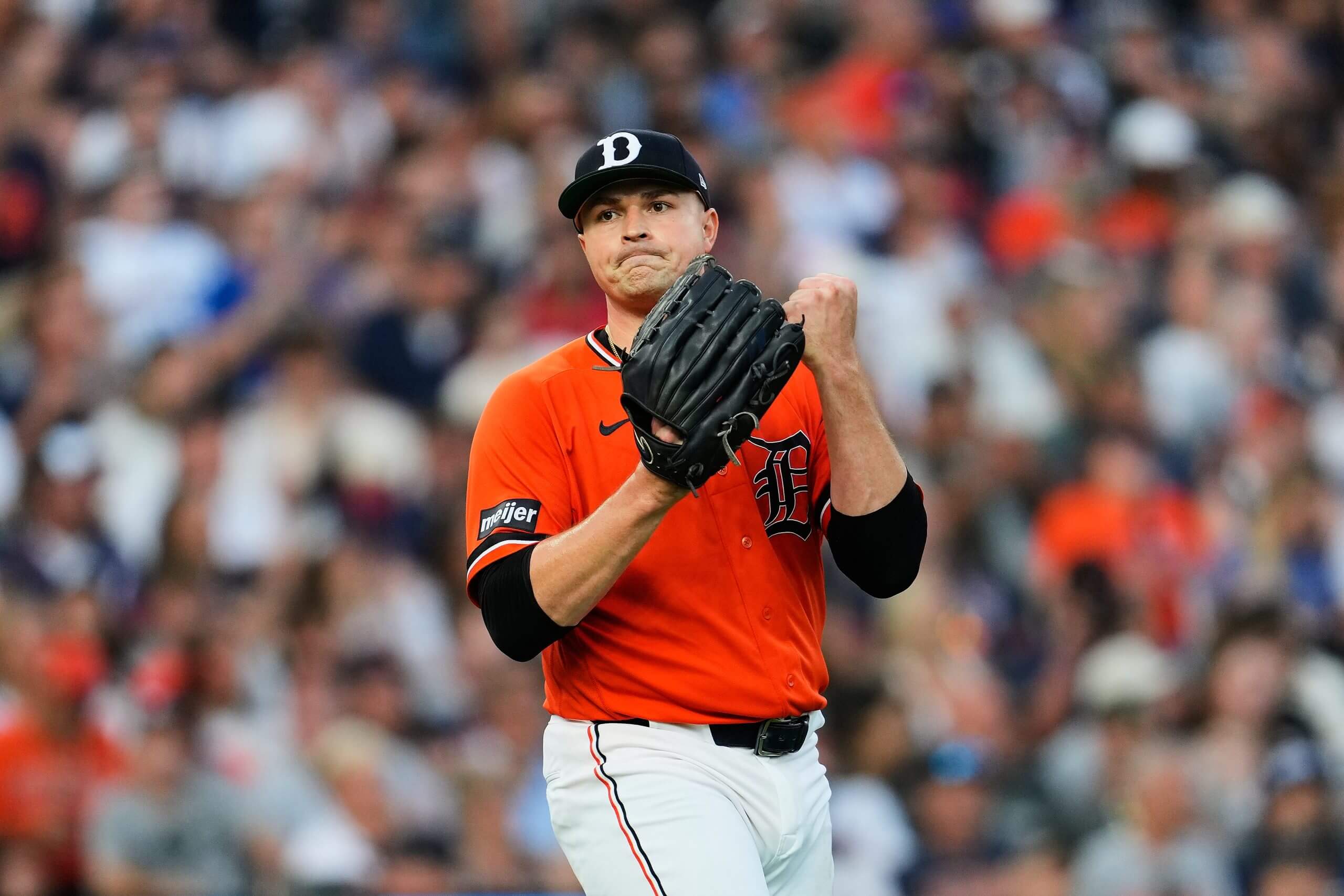 Detroit Tigers pitcher Tarik Skubal reacts to the final out against the Kansas City Royals during the seventh inning of a baseball game Friday, July 24, 2026, in Detroit.