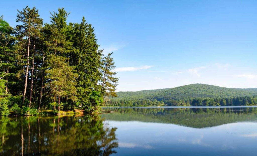 NY’s largest state park is a 65,000-acre prehistoric wilderness with an ancient ‘rock city’, hidden bear caves & lakeside sandy beaches perfect for a summer escape