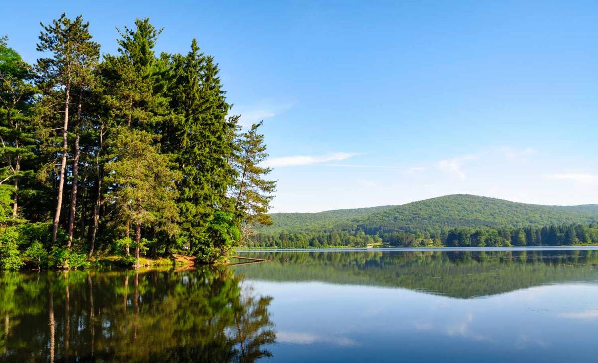 NY’s largest state park is a 65,000-acre prehistoric wilderness with an ancient ‘rock city’, hidden bear caves & lakeside sandy beaches perfect for a summer escape