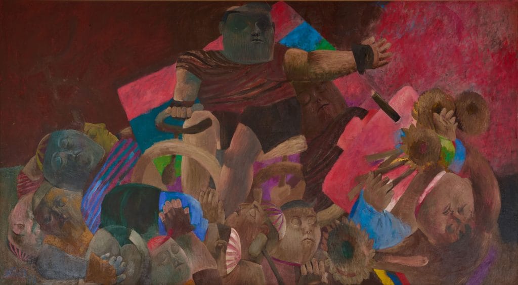 Fernando Botero's Apotheosis of Ramón Hoyos depicts crowded cyclists and spectators in expressive, monumental composition with vibrant colors.