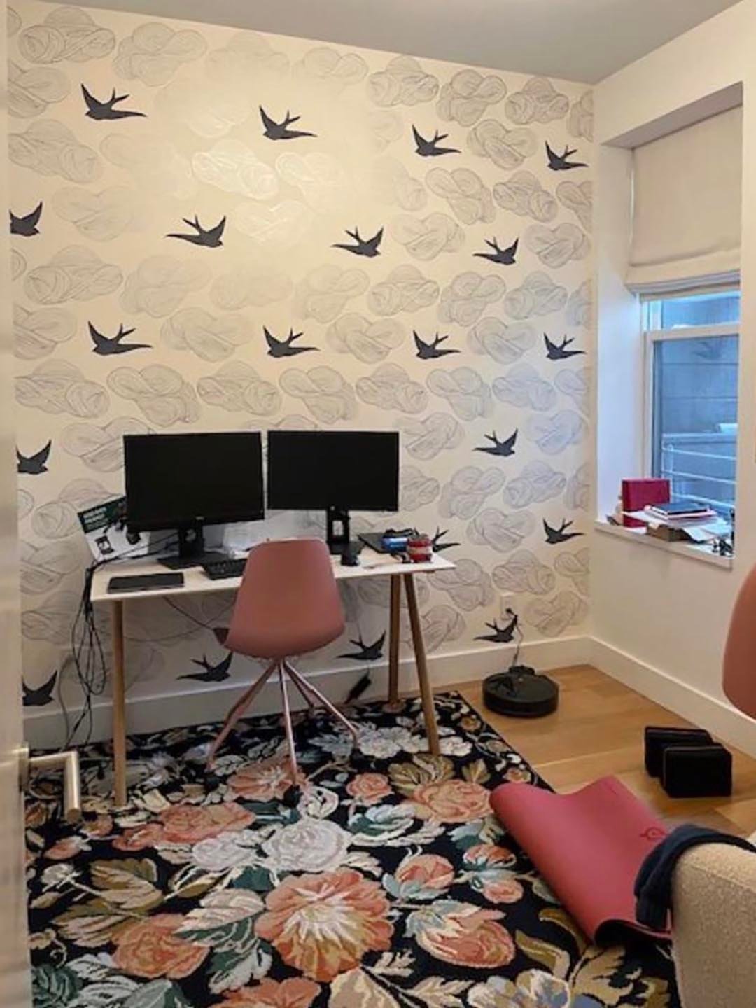 office with bird wallpaper