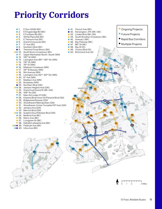The plan identifies 10 priority corridors in the Bronx, 12 in Manhattan, 12 in Queens, 13 in Brooklyn and three on Staten Island all of which are slated for study and redesign. (NYC Mayor's Office)