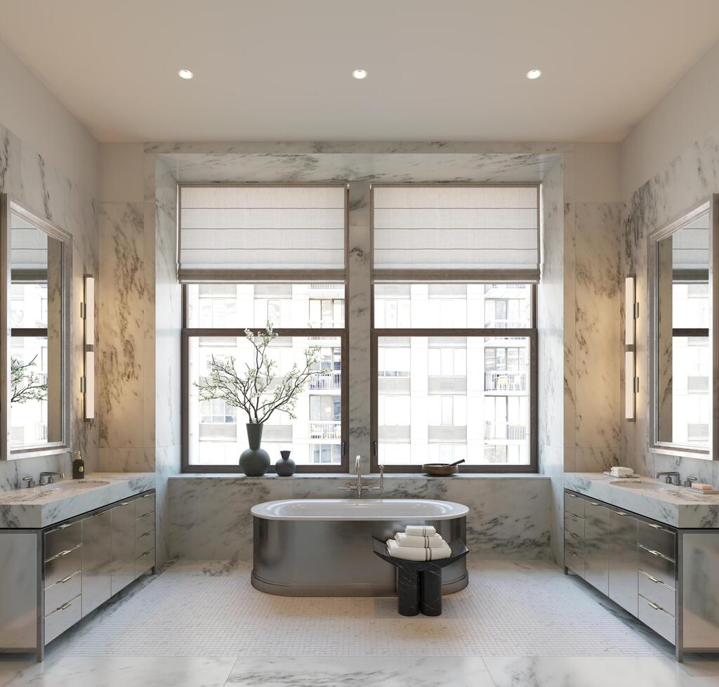 Primary bathroom in one of the 38 apartments, featuring unusual materials (Illustration: Visualisation One, The Flatiron Building) חדר רחצה ראשי באחת מ-38 הדירות. שימוש בחומרים לא שגרתיים