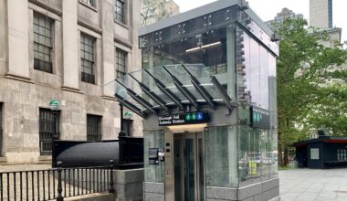 This new elevator on Joralemon Street connects to the Borough Hall subway station’s mezzanine level. Photo: Mary Frost/Brooklyn Eagle