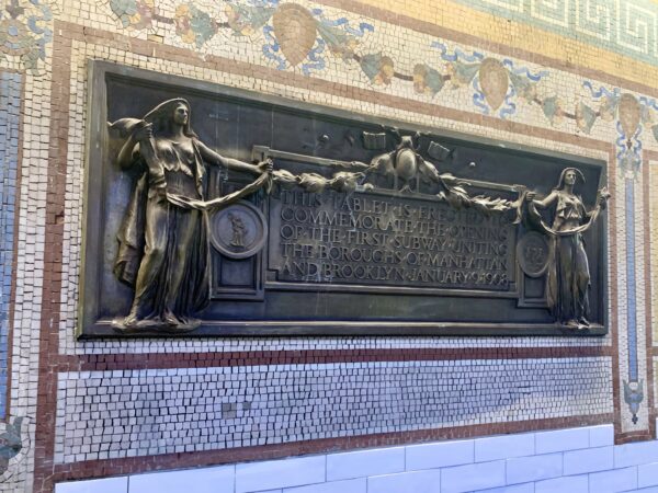 The Borough Hall subway station opened on Jan. 9, 1908 as the first subway initing the boroughs of Manhattan and Brooklyn, according to this restored plaque. Photo: Mary Frost/Brooklyn Eagle