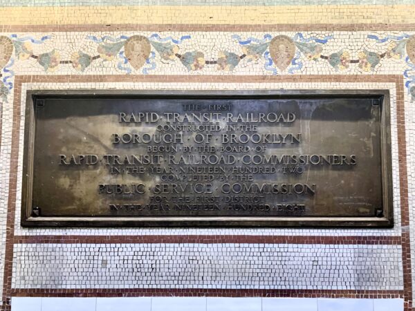 This plaque and restored mosaic commemorate the first Rapid Transit Railroad constructed in Brooklyn, completed in 1908. Photo: Mary Frost/Brooklyn Eagle