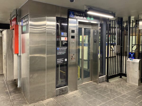 One of Borough Hall station’s new elevators on the mezzanine level. Photo: Mary Frost/Brooklyn Eagle