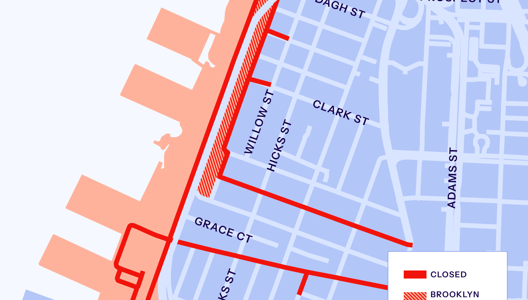 Due to the 4th of July fireworks event, as of 1 p.m. on Saturday, only Brooklyn Heights residents, businesses and authorized guests will be permitted on the streets shown in red on the map. Map: BBP