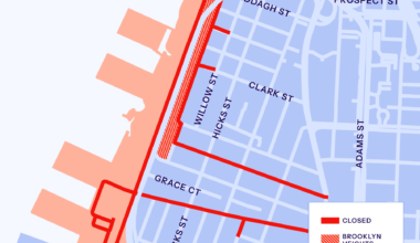 Due to the 4th of July fireworks event, as of 1 p.m. on Saturday, only Brooklyn Heights residents, businesses and authorized guests will be permitted on the streets shown in red on the map. Map: BBP