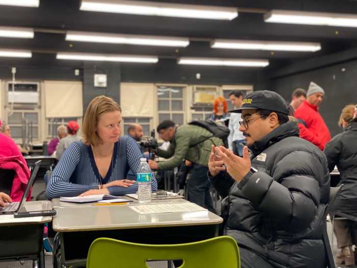 Joshua Rodrigues shares his story with Cea Weaver during the first “Rental Ripoff Hearing,” Downtown Brooklyn, February 26, 2026.
