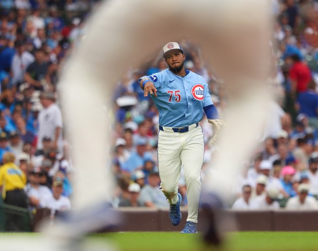 Cubs third baseman Pedro Ramírez throws out Yankees center fielder Trent Grisham in the top of the fifth inning Friday July 31, 2026, at Wrigley Field. (Stacey Wescott/Chicago Tribune)