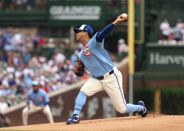 Cubs starter Shota Imanaga delivers in the first inning against the Yankees on Friday, July 31, 2026, at Wrigley Field. (Stacey Wescott/Chicago Tribune)