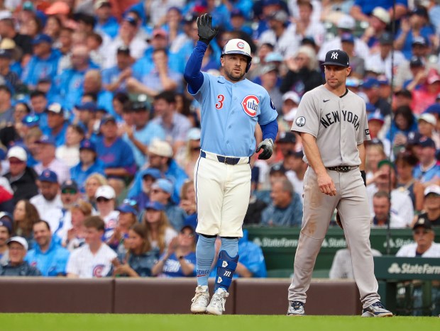 Cubs third baseman Alex Bregman celebrates after hitting a single in the bottom of the seventh inning against the Yankees on Friday, July 31, 2026, at Wrigley Field. (Stacey Wescott/Chicago Tribune)