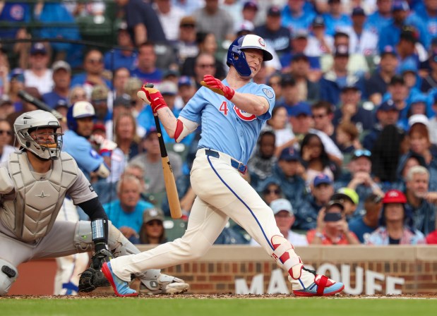 Cubs center fielder Pete Crow-Armstrong winces after fouling a ball off his foot in the bottom of the third inning against the Yankees on Friday, July 31, 2026, at Wrigley Field. (Stacey Wescott/Chicago Tribune)