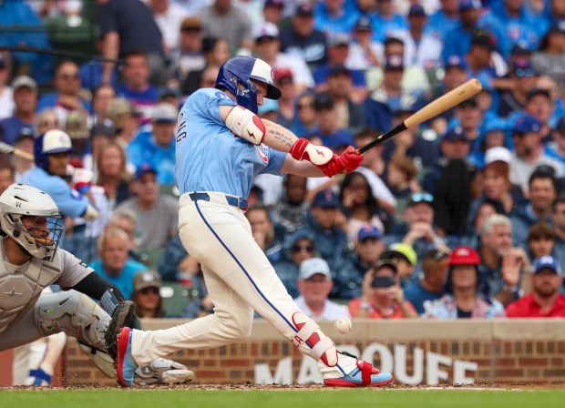 Cubs center fielder Pete Crow-Armstrong fouls a ball off his foot in the bottom of the third inning against the Yankees on Friday, July 31, 2026, at Wrigley Field. Crow-Armstorong went 0-for-4 in the Cubs' 2-0 loss. (Stacey Wescott/Chicago Tribune)