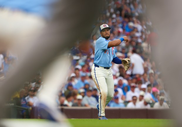 Cubs third baseman Pedro Ramírez throws out Yankees center fielder Trent Grisham in the top of the fifth inning on Friday, July 31, 2026, at Wrigley Field. (Stacey Wescott/Chicago Tribune)