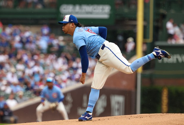 Cubs starter Shota Imanaga delivers against the Yankees in the first inning Friday, July 31, 2026, at Wrigley Field. (Stacey Wescott/Chicago Tribune)
