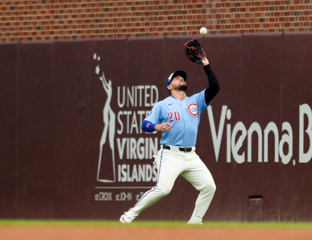 Cubs right fielder Michael Conforto catches a fly ball hit by Yankees shortstop Anthony Volpe in the top of the seventh inning Friday, July 31, 2026, at Wrigley Field. (Stacey Wescott/Chicago Tribune)