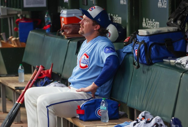 Cubs reliever Tyler Ferguson sits on the bench after coming out of the game in the top of the eighth inning against the Yankees on Friday, July 31, 2026, at Wrigley Field. (Stacey Wescott/Chicago Tribune)