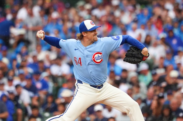Cubs reliever Tyler Ferguson delivers against the Yankees in the top of the seventh inning Friday, July 31, 2026, at Wrigley Field. (Stacey Wescott/Chicago Tribune)