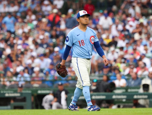 Cubs starter Shota Imanaga walks off the field frustrated after the top of the sixth inning against the Yankees on Friday, July 31, 2026, at Wrigley Field. Imanaga gave up a pair of solo home runs in the Cubs' 2-0 loss. (Stacey Wescott/Chicago Tribune)
