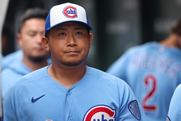 Cubs starter Shota Imanaga walks through the dugout frustrated after giving up two solo home runs earlier in the game against the Yankees on Friday, July 31, 2026, at Wrigley Field. (Stacey Wescott/Chicago Tribune)