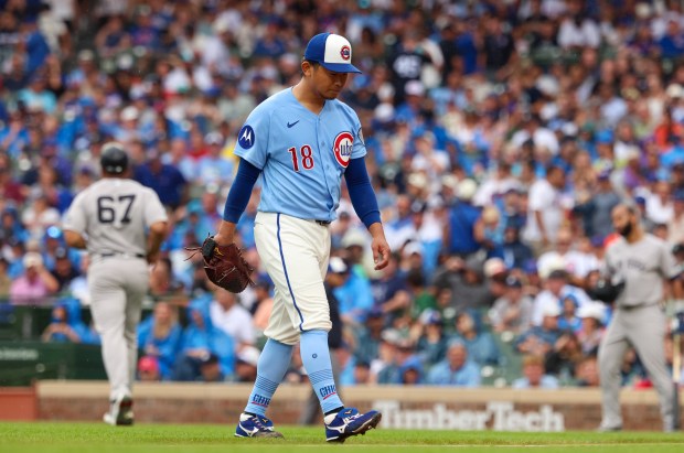 Cubs starter Shota Imanaga walks off the field frustrated after the top of the sixth inning against the Yankees on Friday, July 31, 2026, at Wrigley Field. Imanaga gave up a pair of solo home runs earlier in the Cubs' 2-0 loss. (Stacey Wescott/Chicago Tribune)