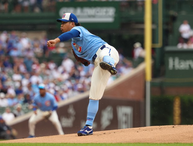 Cubs starter Shota Imanaga delivers against the Yankees in the first inning Friday, July 31, 2026, at Wrigley Field. (Stacey Wescott/Chicago Tribune)