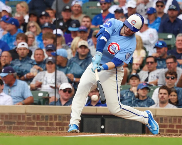 Cubs left fielder Ian Happ singles in the bottom of the seventh inning against the Yankees on Friday, July 31, 2026, at Wrigley Field. (Stacey Wescott/Chicago Tribune)