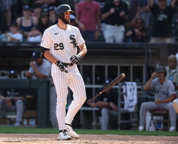 Chicago White Sox center fielder Tristan Peters smiles after taking ball four for a walk-off walk to defeat the New York Yankees 2-1 in 11 innings Thursday, July 30, 2026, at Rate Field. (Brian Cassella/Chicago Tribune)