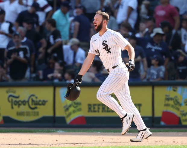 Chicago White Sox center fielder Tristan Peters celebrates after taking a walk-off walk to defeat the New York Yankees 2-1 in 11 innings Thursday, July 30, 2026, at Rate Field. (Brian Cassella/Chicago Tribune)