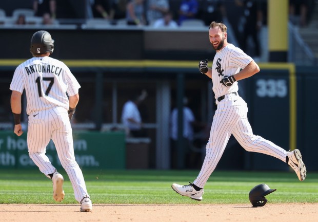 Chicago White Sox center fielder Tristan Peters celebrates with Sam Antonacci (17) after taking a walk-off walk to defeat the New York Yankees 2-1 in 11 innings Thursday, July 30, 2026, at Rate Field. (Brian Cassella/Chicago Tribune)