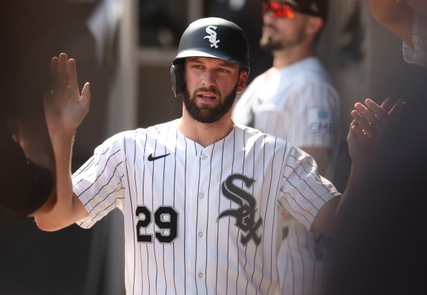 Chicago White Sox pinch hitter Tristan Peters celebrates scoring in the tenth inning against the New York Yankees on Thursday, July 30, 2026, at Rate Field. (Brian Cassella/Chicago Tribune)