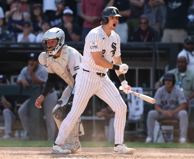Chicago White Sox third baseman Colson Montgomery reacts to striking out in the eleventh inning against the New York Yankees on Thursday, July 30, 2026, at Rate Field. (Brian Cassella/Chicago Tribune)