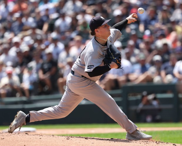 New York Yankees pitcher Ryan Weathers delivers to the Chicago White Sox in the first inning Thursday, July 30, 2026, at Rate Field. (Brian Cassella/Chicago Tribune)