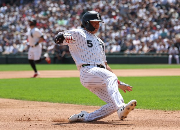 Chicago White Sox first baseman Munetaka Murakami slides into third base against the New York Yankees in the first inning Thursday, July 30, 2026, at Rate Field. (Brian Cassella/Chicago Tribune)