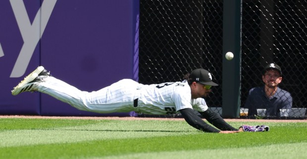 Chicago White Sox center fielder Everson Pereira can't catch a double by New York Yankees third baseman Ryan McMahon in the fifth inning Thursday, July 30, 2026, at Rate Field. (Brian Cassella/Chicago Tribune)