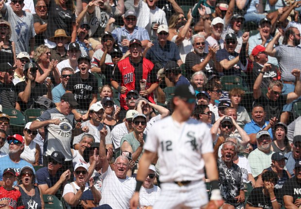 Chicago White Sox fans celebrate after third baseman Colson Montgomery tagged out New York Yankees hitter Jasson Domínguez at third base in the sixth inning Thursday, July 30, 2026, at Rate Field. (Brian Cassella/Chicago Tribune)