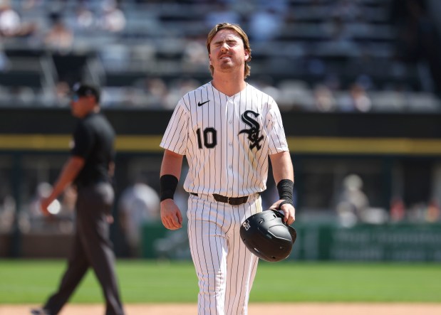 Chicago White Sox second baseman Chase Meidroth reacts after being stranded on base to end the eighth inning against the New York Yankees on Thursday, July 30, 2026, at Rate Field. (Brian Cassella/Chicago Tribune)