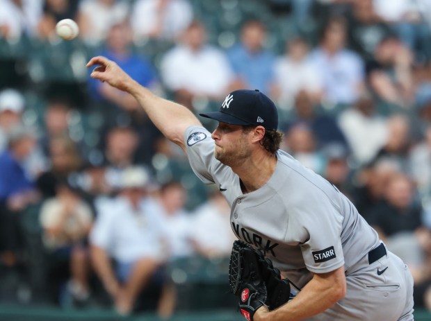 Yankees starting pitcher Gerrit Cole throws against the White Sox in the first inning at Rate Field on July 28, 2026, in Chicago. (John J. Kim/Chicago Tribune)