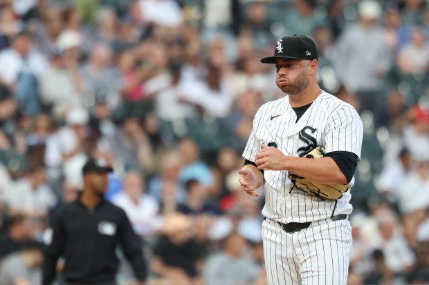 White Sox starting pitcher Anthony Kay exhales after giving up an RBI double to Yankees shortstop Max Schuemann in the second inning at Rate Field on July 28, 2026, in Chicago. (John J. Kim/Chicago Tribune)