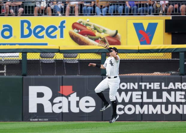 White Sox left fielder Sam Antonacci catches a fly ball hit by Yankees shortstop Max Schuemann for an out in the fourth inning at Rate Field on July 28, 2026, in Chicago. (John J. Kim/Chicago Tribune)