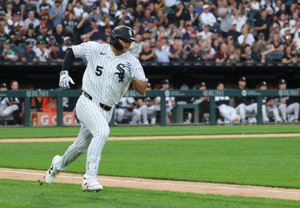 White Sox first baseman Munetaka Murakami heads for first base on his way to a double in the fourth inning against the Yankees at Rate Field on July 28, 2026, in Chicago. (John J. Kim/Chicago Tribune)