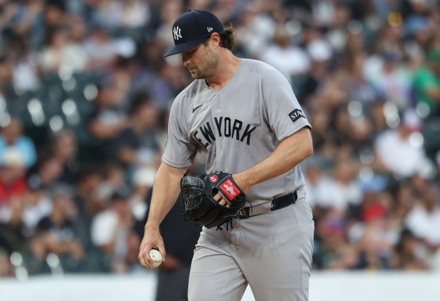 Yankees starting pitcher Gerrit Cole returns to the mound in the fourth inning against the White Sox at Rate Field on July 28, 2026, in Chicago. (John J. Kim/Chicago Tribune)