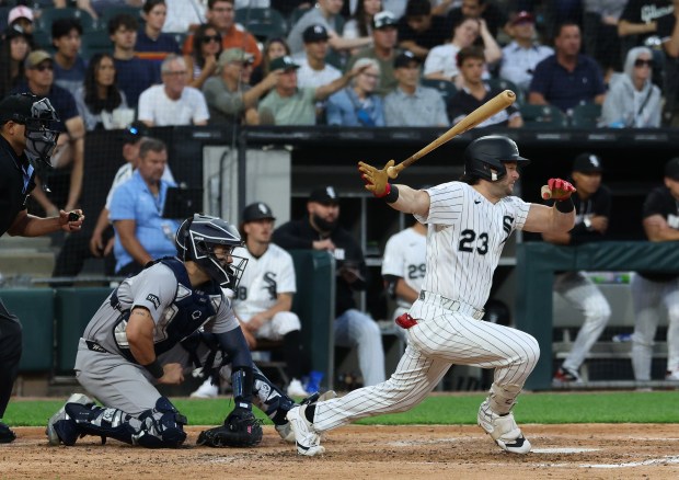 White Sox designated hitter Andrew Benintendi releases his bat on a swing for a ground out in the fourth inning against the Yankees at Rate Field on July 28, 2026, in Chicago. (John J. Kim/Chicago Tribune)