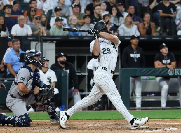 White Sox center fielder Tristan Peters watches the ball rise for a fly ball out with the bases loaded to end the fourth inning against the Yankees at Rate Field on July 28, 2026, in Chicago. (John J. Kim/Chicago Tribune)